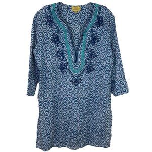 Roberta Roller Rabbit - Cotton, Embroidered Tunic Top, Geometric - Size S, Blue